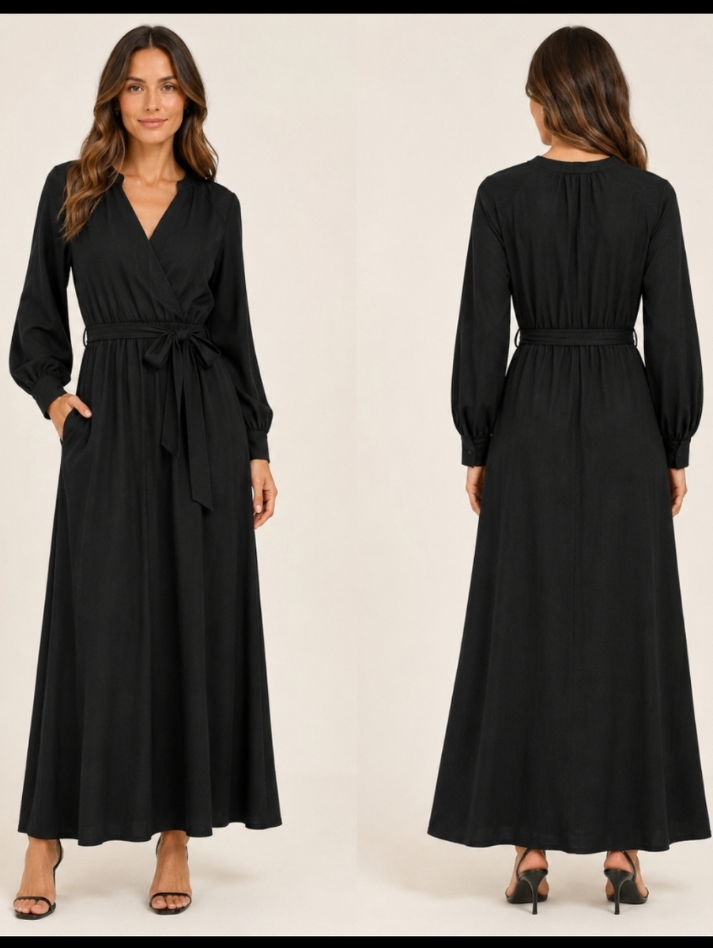 🖤 NEED Black Faux Wrap Maxi Dress Cinched Waist Pockets Size Large
